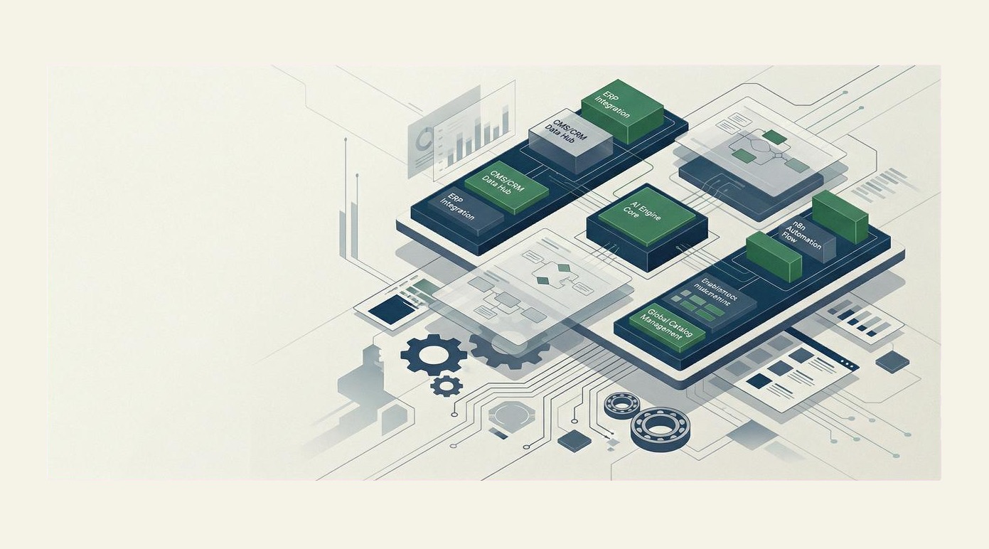 Ilustración corporativa de ecommparts.com mostrando integración de ERP, CMS, CRM, automatización e IA en un entorno de catálogo técnico.