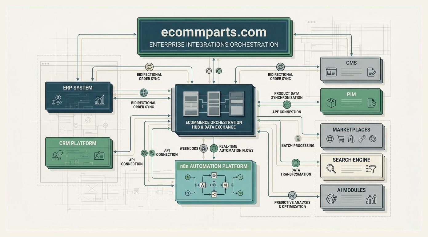 Diagrama de orquestación de integraciones entre ERP, CRM, CMS, PIM, marketplaces y n8n.